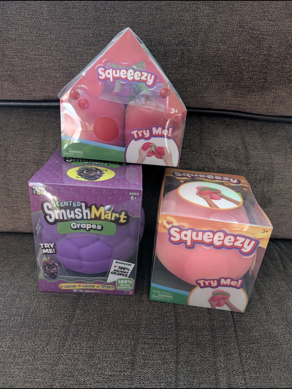Squeeezy Cherries, Peach And SmushMart Scented Grapes.